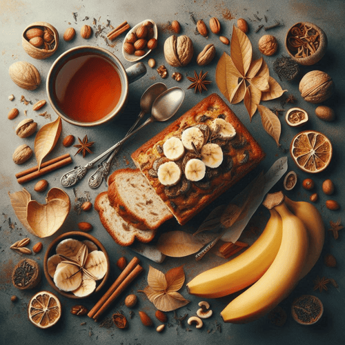 A captivating image showcasing the cozy essence of our Banana Nut Bread tea blend. Incorporate warm tones and elements like bananas, nuts, and cinnamon to evoke the comforting aroma and taste. 